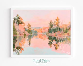 Arte imprimible de lago otoñal con bosque: aguas pastel relajantes, paisaje otoñal cottagecore, reflejo tranquilo del bosque, descarga digital acogedora
