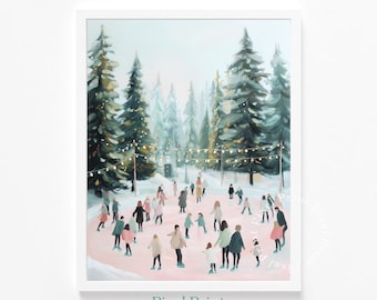 Puede incluir: Una impresión enmarcada de una escena de patinaje sobre hielo. La obra de arte representa una pista de hielo rosa rodeada de árboles de hoja perenne y luces de cadena. Numerosas figuras patinan. Las palabras "Pixel Print Shop Studio" están en la parte inferior.