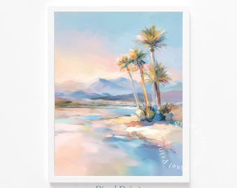 Muted Pastel Coastal Palm Trees at Sandy Shoreline - Modern Beachy Art, Soft and Calming Wall Decor, Printable Watercolor Download Art