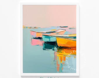 Rustic Coastal Boat Scene Painting - Printable Minimalist Wall Art, Pastel Beach Palette, Tranquil Seascape, Digital Decor, Modern Decor
