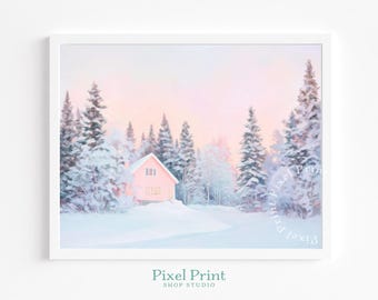 Escena invernal estilo cottagecore en un bosque nevado: arte pastel imprimible, casa rosa nevada, decoración acogedora de cabaña, descarga digital de acuarela serena