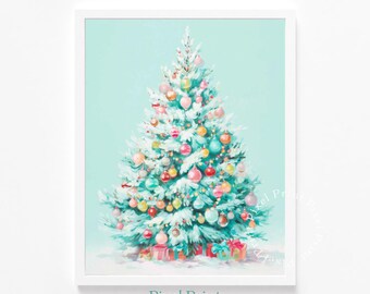 Vintage Christmas Tree Printable Wall Art, Festive Retro Holiday Decor, Cute Pastel Snowy Tree, Watercolor Digital Download Print 199