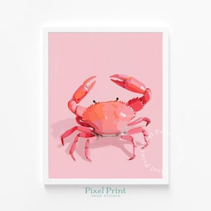 Peut inclure: Impression encadrée représentant une illustration stylisée d'un crabe. Le crabe est rendu dans des tons de rose et d'orange sur un fond rose uni. L'impression a une bordure blanche et le texte "Pixel Print Shop Studio" est en bas.