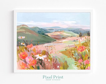 Paisaje rural inglés imprimible - Arte gouache cottagecore, pradera de flores silvestres pastoral, colinas onduladas serenas, descarga de arte digital