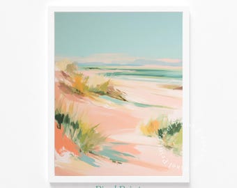 印刷可能なパステル調のビーチ海岸線アート - 穏やかな海岸の風景、風に吹かれた砂丘の草、柔らかい砂の道、落ち着いた風通しの良い装飾、デジタルダウンロード