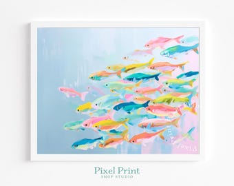 カラフルな魚のプリント可能なウォールアート - 遊び心のある魚の群れ、海岸風インテリア、ビーチ風の子供部屋、モダンなアクリル画、デジタルオーシャンのダウンロード
