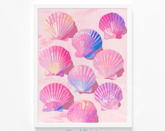 Arte imprimible de conchas marinas pastel: acuarela playera relajante, decoración costera estética, arreglo de conchas femenino, descarga de arte digital para pared.