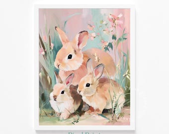 水彩画風のウサギの家族プリント - コテージコアの春の保育園アート、かわいいウサギのパステル調装飾、心地よい草原の風景、デジタルイースターダウンロード