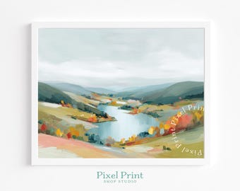 Paisaje otoñal con lago sinuoso: arte rústico de pared otoñal, escena pastoral impresionista, decoración serena estilo cottagecore, descarga de arte imprimible