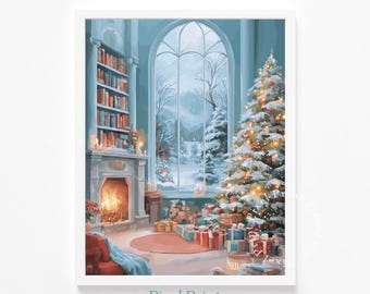 Impression de bibliothèque de Noël confortable - Cheminée festive, décoration hivernale (téléchargement numérique)