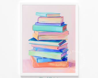 パステルカラーのハードカバーブックアート - 遊び心のあるモダンな図書館の装飾、居心地の良いミニマリストの絵画、デジタルウォールアート、ソフトパステルの印刷物