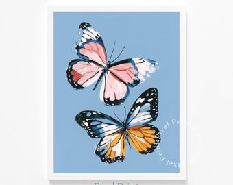 春の蝶々のプリント可能なウォールアート - カラフルな自然からインスピレーションを得た絵画、キュートでモダンな水彩画、すぐにデジタルダウンロード