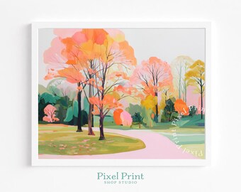 Pintura de árboles otoñales en estilo cottagecore en la campiña inglesa: arte paisajístico vintage, arte mural imprimible en tonos cálidos pastorales, descarga digital