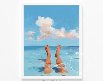 Summer Floating Feet in Turquoise Sea - Modern Coastal Wall Art, Playful Summer Decor, Relaxing Beach Scene, Printable Digital Download