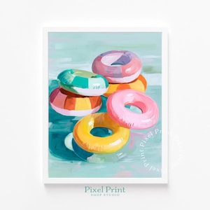 Op de afbeelding: Een kleurrijk schilderij van verschillende opblaasbare zwembanden in een zwembad. De banden zijn in verschillende kleuren, waaronder roze, geel, oranje en turquoise. Het schilderij heeft een zomerse, speelse uitstraling.