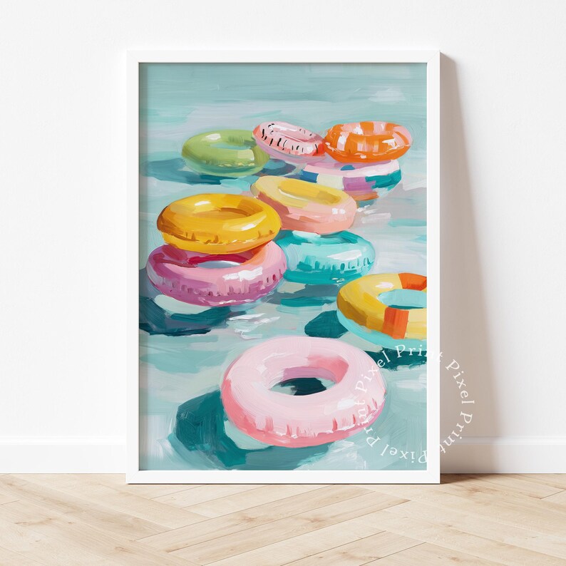 Summery Painting of Colorful Pool Rings - Bright Coastal Wall Art ...