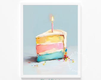 印刷可能なバースデーケーキの絵 - キャンドル付きのお祝いケーキスライス、カラフルでモダンな壁アート、楽しい装飾、すぐにデジタルダウンロード