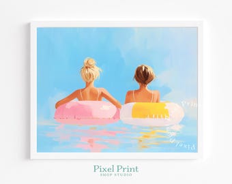 Summer Coastal Wall Art - Printable Beach Decor, Two Girls in Pool Painting, Relaxed Pastel Swim Scene, Digital Watercolor-Style Download