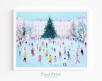 May include: An art print depicts an ice skating scene with a large Christmas tree and a crowd of people. The artwork features a light blue background and a white frame. The skaters are wearing colorful coats.