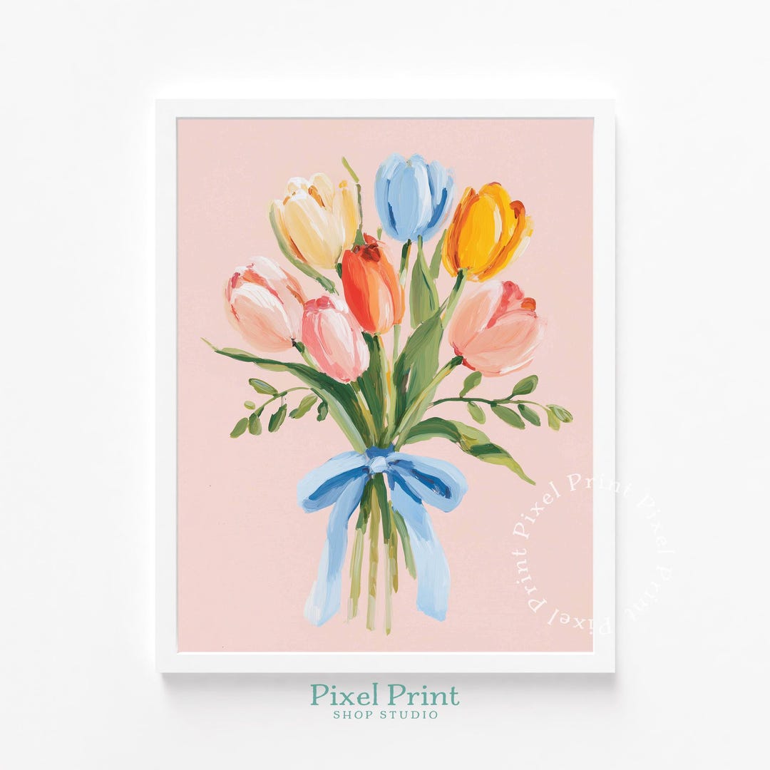 Spring Tulips With Blue Ribbon Print - Cute Pastel Floral Wall Art ...