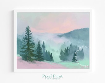 Acuarela de bosque de pinos pastel: paisaje moderno y suave de estilo cottagecore, impresión de árboles perennes brumosos, arte mural neutro y terroso.