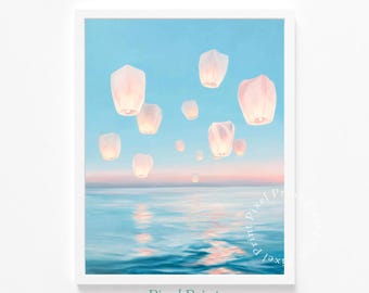 Coastal Sky Lanterns Art Print, Serene Ocean Scene, Pastel Sunset Sky, Printable Wall Art, Calming Modern Decor, Soft Watercolor Digital