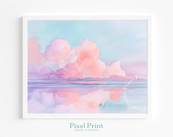 Dreamy Pastel Cloudscape Over Calm Sea - Serene Watercolor Art, Coastal Reflection, Minimalist Pastel Print, Tranquil Digital Download
