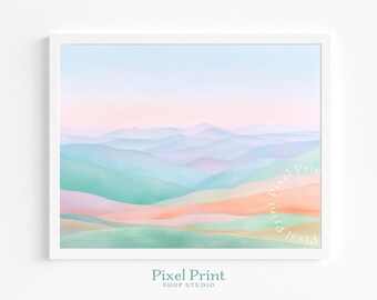 Paisaje de colinas ondulantes y serenos imprimible: arte mural minimalista y tranquilo, paleta de tonos pastel suaves, escena de una mañana brumosa de ensueño, descarga digital