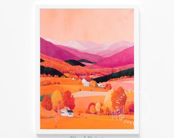 Paisaje rústico otoñal imprimible en las colinas de Virginia Occidental: decoración otoñal estilo cottagecore, arte de pared acogedor de estilo rústico, pintura digital vibrante para descargar.