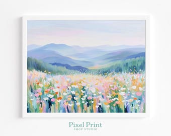 Arte imprimible de prado con flores silvestres en tonos pastel: paisaje romántico estilo cottagecore, colinas de acuarela primaverales, decoración rústica suave y terrosa.