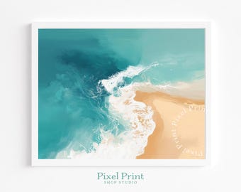 Coastal Ocean Printable Art - Modern Minimalist Beachscape, Aerial View of Ocean Waves and Sandy Shore, Serene Digital Painting Download