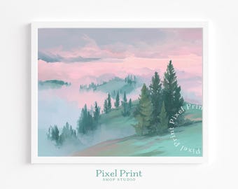 Paisaje sereno en tonos pastel con pinos: arte natural de ensueño, pintura estilo acuarela, decoración de pared imprimible, colores suaves, descarga digital