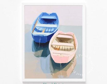 Printable Two Rowboats Painting - Serene Coastal Water Art, Pastel Blue and Pink Boats, Nautical Decor, Modern Farmhouse Digital Print