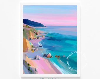 Stampa artistica con costa di Malibu in colori pastello - Dipinto di una spiaggia serena, decorazione murale moderna con paesaggio, download digitale di una casa costiera, tramonto sull'oceano