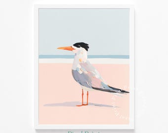 Printable Coastal Tern on Pastel Beach - Minimalist Watercolor-Inspired Wall Art, Modern Calm Shoreline Scene, Serene Digital Download Decor