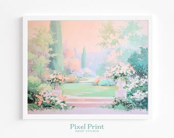 Escena romántica de jardín inglés: arte mural imprimible de estilo cottagecore, acuarela en tonos pastel, decoración tranquila de inspiración vintage.