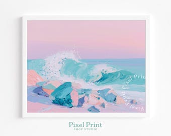 Pastel Seascape with Curling Wave - Dreamy Coastal Artwork, Modern Beach Wall Art, Printable Ocean Scene, Calming Digital Download Decor
