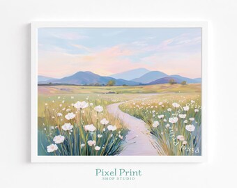 Camino estilo cottagecore a través de un prado pastel: arte de paisaje primaveral imprimible, pintura de acuarela serena, descarga digital, decoración de pared estilo pastoral