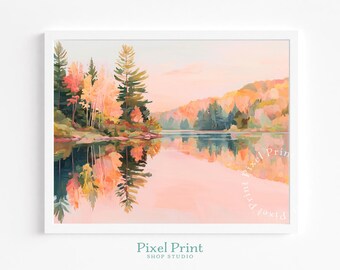 Lago rústico en un bosque otoñal (imprimible): escena pastoral serena, reflejo de cielo rosa, decoración otoñal estilo cottagecore, arte digital con acuarela suave.