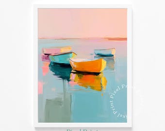 Printable Modern Coastal Boats Art - Minimalist Rowboats in Calm Water, Tranquil Pastel Seascape, Peach Sky & Turquoise Reflections Decor