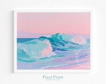 Pastel Coastal Wave Painting - Printable Beachy Serene Seascape, Soft Light Ocean Art, Tranquil Pastel Blues and Aquas, Digital Download