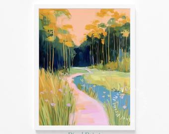 Camino rosa pastel en un bosque primaveral: estilo cottagecore, arte apagado, pintura digital, escena boscosa serena, decoración imprimible con un toque terroso y relajante.