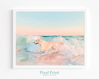Golden Retriever Beach Scene - Pastel Printable Art, Cute Coastal Wall Decor, Serene Dog in Waves, Playful Surf Painting, Digital Download