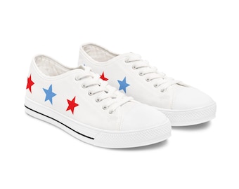 Zapatillas bajas para mujer con estrellas y corazones rojos y azules / Calzado casual patriótico