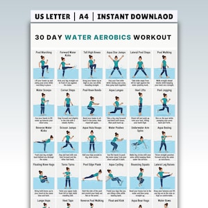 May include: A printable 30-day water aerobics workout chart. The chart includes illustrations and instructions for various exercises like pool marching, aqua star jumps, and water rows. The text at the top reads "30 DAY WATER AEROBICS WORKOUT".