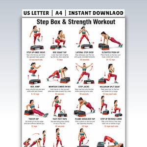 Puede incluir: Un póster de entrenamiento Step Box & Strength con ilustraciones de una persona con sujetador deportivo turquesa y mallas rojas realizando ejercicios en un step negro, incluyendo subidas, sentadillas, flexiones y zancadas con texto.