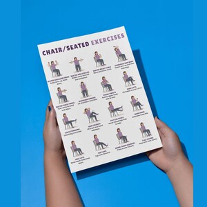 Pu&ograve; includere: Un poster bianco intitolato "CHAIR/SEATED EXERCISES" con illustrazioni di vari esercizi da seduti. Gli esercizi includono spinte per le spalle, cerchi con le braccia, bicipiti e distensioni delle gambe. Il poster &egrave; tenuto in mano su sfondo blu.