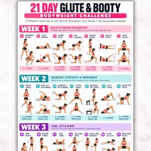 Pode incluir: Um plano de treino de 21 dias para glúteos com exercícios de peso corporal, apresentando 21 ilustrações numeradas com instruções para agachamentos, afundos e pontes. O documento inclui texto para tamanhos A4 e US letter, organizado por semanas.