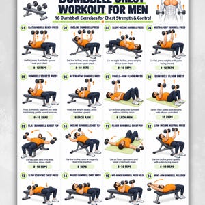 May include: A white instructional poster titled DUMBBELL CHEST WORKOUT FOR MEN featuring 16 numbered exercise illustrations. Each section displays a person in an orange shirt performing chest exercises with dumbbells on a bench or floor.