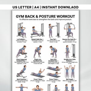 May include: A white printable workout guide titled "GYM BACK & POSTURE WORKOUT" with 16 exercises. The guide includes illustrations and instructions for exercises like Lat Pulldown, Seated Cable Row, and Bent-Over Dumbbell Row. The text "US LETTER | A4 | INSTANT DOWNLOAD" is at the top.